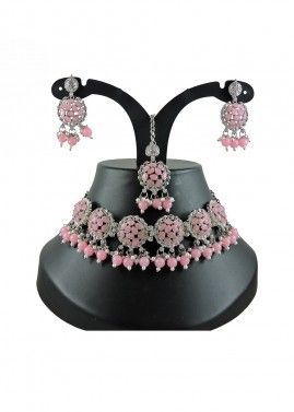 Stone Studded Necklace Set In Pastel Pink