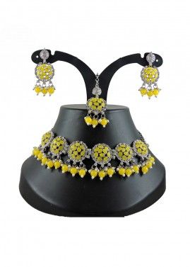 Yellow Beads & Stone Studded Necklace Set