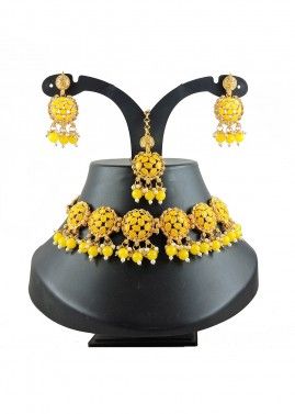 Yellow Necklace Set In Beads & Stone Work