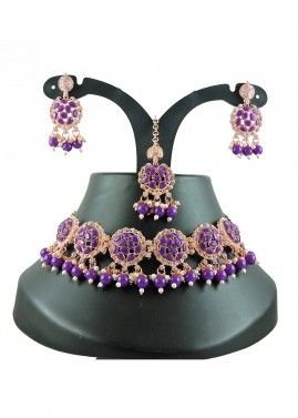 Purple Stone & Beads Studded Necklace Set 