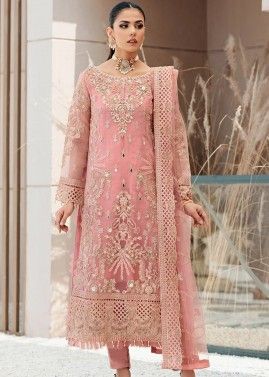 Pink Embroidered Pant Suit Set In Organza