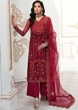 Maroon Embroidered Palazzo Suit Set In Organza
