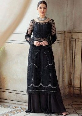 Black Embroidered Suit Set In Net