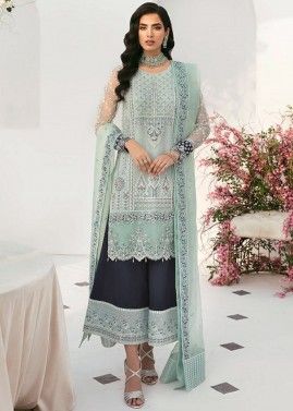 Green Embroidered Suit Set In Organza