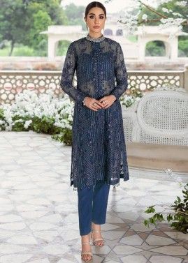 Blue Embroidered Suit Set In Organza