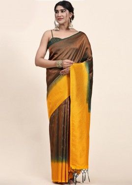 Brown & Yellow Zari Woven Silk Saree