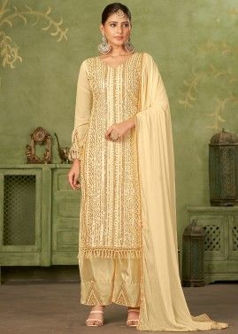 Cream Thread Embroidered Georgette Pant Suit
