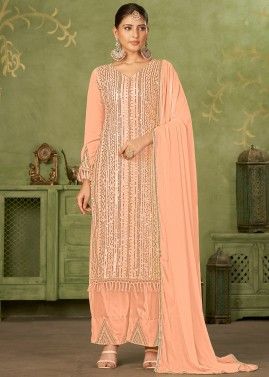 Peach Thread Embroidered Pant Suit In Georgette