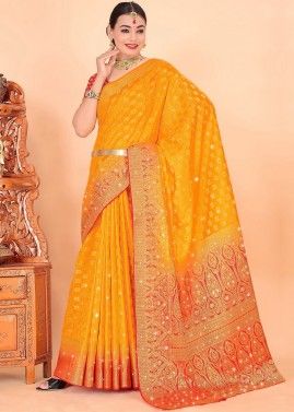 Yellow Woven Work Banarasi Silk Saree