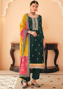 Green Embroidered Chiffon Pant Suit