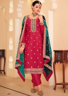 Crimson Red Embroidered Pant Suit In Chiffon 