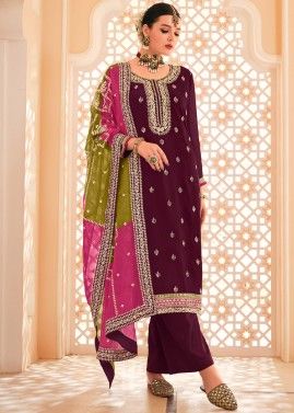 Wine Chiffon Pant Suit In Thread Embroidery