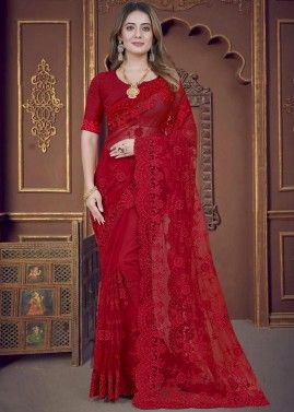 Red Net Saree In Beads Work