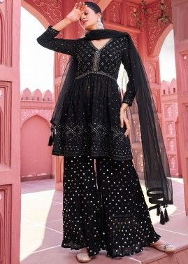 Readymade Black Embroidered Sharara Suit Set