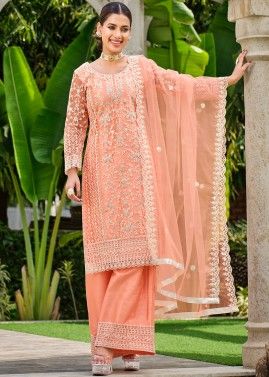 Peach Embroidered Palazzo Suit Set