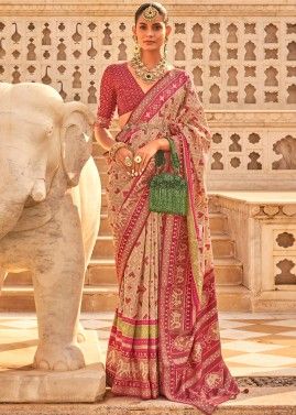 Beige Patola Printed Saree With Blouse