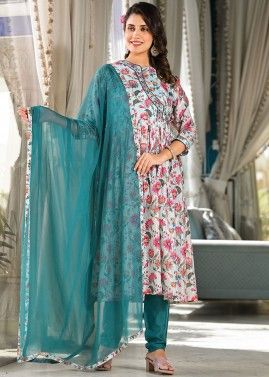 Blue Floral Print Angrakha Style Suit