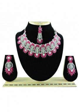 Pink & White Necklace Set In Stone Work
