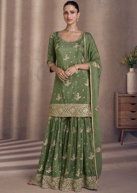 Readymade Green Embroidered Sharara Suit Set