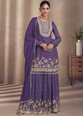 Readymade Purple Bandhej Print Sharara Suit