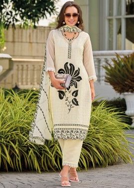Cream Embroidered Suit Set In Organza