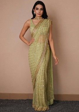 Pastel Green Embroidered Net Saree