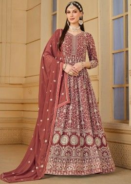 Dusty Red Embroidered Georgette Anarkali Suit