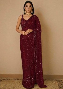Magenta Sequins Embellished Saree