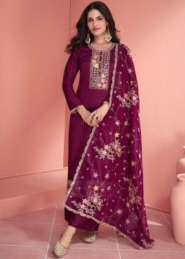 Wine Thread Embroidered Silk Pant Suit