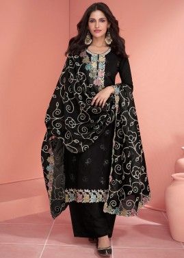 Black Thread Embroidered Pant Suit In Silk