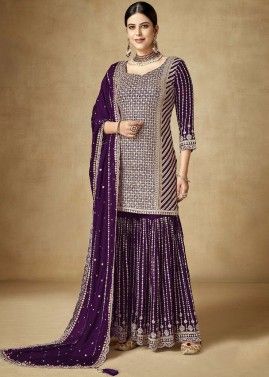 Purple Embroidered Gharara Suit Set
