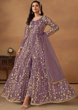 Purple Embroidered Slitted Pant Suit Set