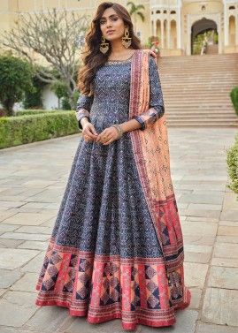 Blue Digital Printed Readymade Anarkali Suit In Cotton
