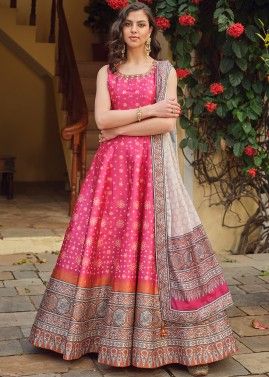 Pink Digital Printed Readymade Cotton Anarkali Suit