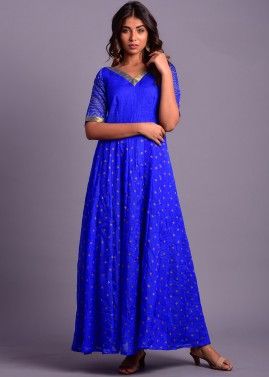 Blue Flared Readymade Bandhej Printed Dress