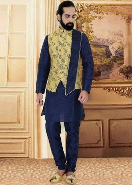 Yellow Woven Readymade Asymmetric Nehru Jacket