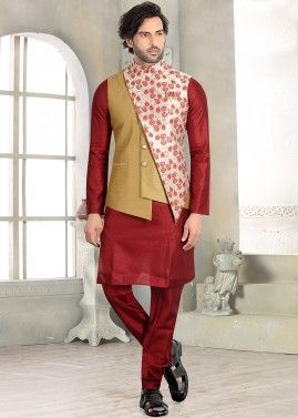 Beige and Off White Woven Overlapped Nehru Jacket
