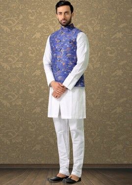 Blue Printed Readymade Nehru Jacket