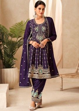 Readymade Purple Embroidered Flared Pant Suit