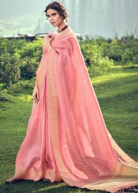 Pink Zari Woven Saree In Tissue Silk