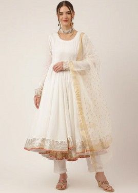 White Anarkali Suit Set In Cotton