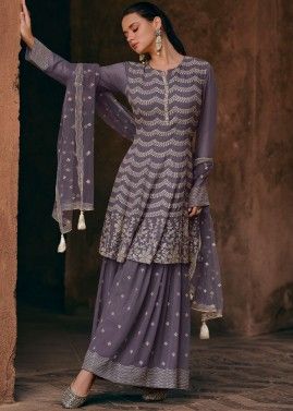 Grey Embroidered Readymade Georgette Gharara Suit