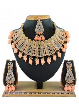 Peach Necklace Set In Stone & Beads Work
