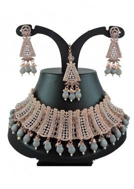 Stone & Beads Studded Necklace in Grey