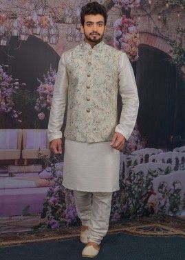 Readymade White Kurta Churidar With Printed Nehru Jacket