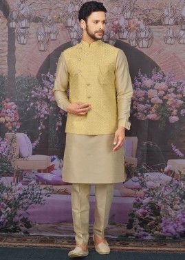 Readymade Beige Kurta Pant With Embroidered Jacket