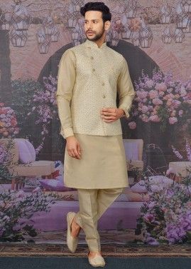 Beige Kurta Pant Set With Embroidered Nehru Jacket