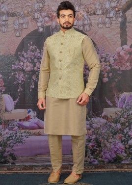 Beige Readymade Kurta Pant With Embroidered Jacket