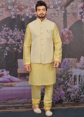 Yellow Kurta Churidar With Embroidered Nehru Jacket