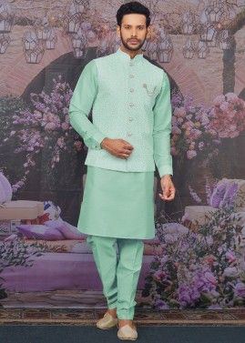 Readymade Green Kurta Pant With Embroidered Nehru Jacket
